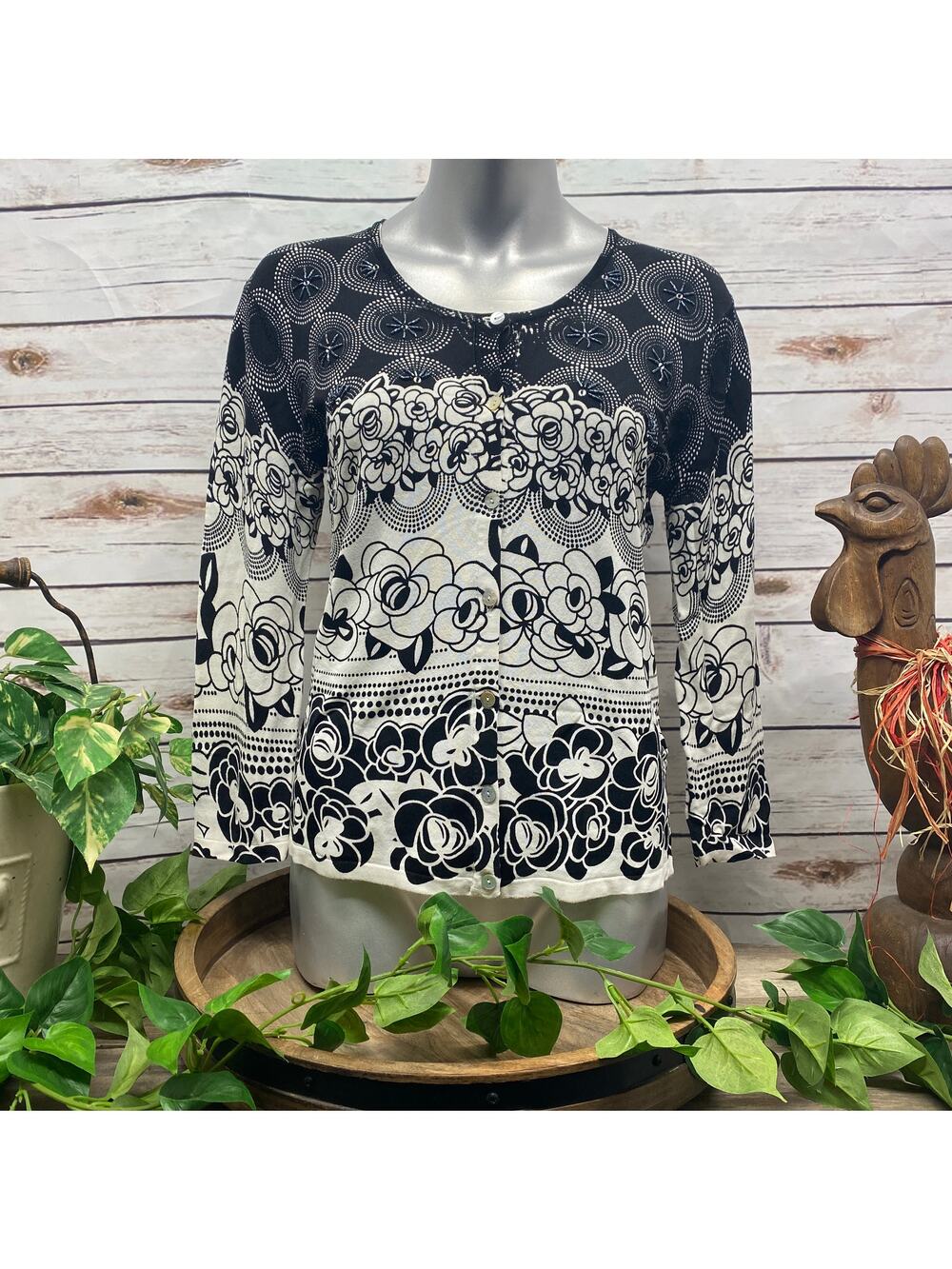 Pierri NY Black & White Beaded Cardigan Size M Button Close Sweater Medium